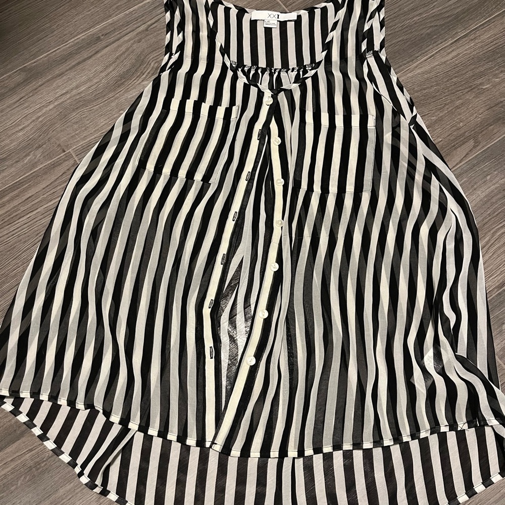 Black and White Striped Sleeveless Top Sheer